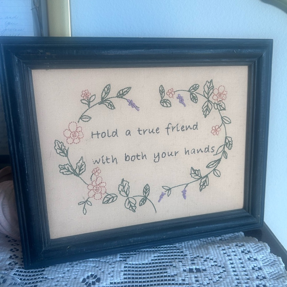 Framed Floral Embroidered Wall Art - Beige, Pink & Green
